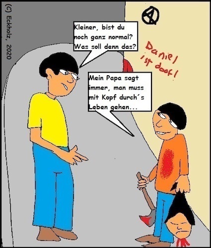 Cartoon: Papa sagt... (medium) by Spacko tagged papa,missverständnis,junge,mann,erziehung,gesellschaft,horror,mord,jugend,axt,blut,splatter
