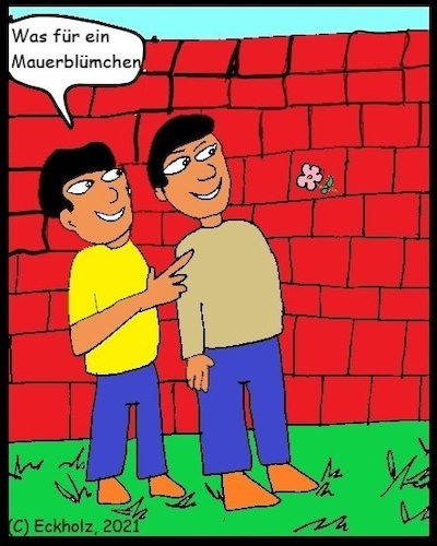 Cartoon: Was für ein Mauerblümchen (medium) by Spacko tagged männer,spott,mauerblümchen,sprache,sprichwort,mauer,blümchen,allegorie,sinnbild
