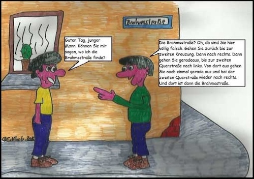 Cartoon: Wo ist die Brahmsstraße? (medium) by Honk1978 tagged männer,brahmsstrasse,stadtalltag,reisen,unterwegs,tourist,brahms
