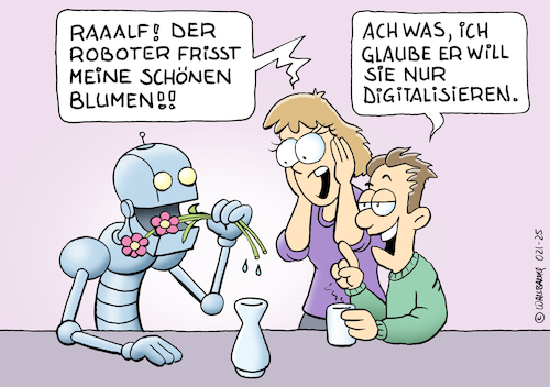 Cartoon: Roboter digitalisiert Blumen (medium) by Rovey tagged roboter,blumen,ki,künstliche,intelligenz,maschinelles,lernen,digitalisierung,systemfehler,überraschung,entsetzen,robotart,robotik,technik,haushalt,zuhause,humanoide,ehepaar,cartoon,illustration,zeichnung,roboter,blumen,ki,künstliche,intelligenz,maschinelles,lernen,digitalisierung,systemfehler,überraschung,entsetzen,robotart,robotik,technik,haushalt,zuhause,humanoide,ehepaar,cartoon,illustration,zeichnung