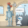 Cartoon: What AI wants to know (small) by Rovey tagged knight,man,armor,warrior,robot,small,mini,ai,artificial,intelligence,castle,old,historical,walls,medieval,fortress,origin,question,doubt,consciousness,science,fiction,past,future,comedy,tech,humor,digital,cartoon,illustration