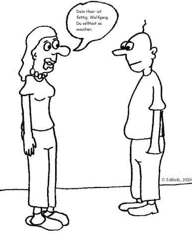 Cartoon: Fettiges Haar... (medium) by Wutkritzler78 tagged haar,fett,talgüberschuss,schuppen,kopfhaut,mann,ehe,frau,gesundheit,neurodermitis