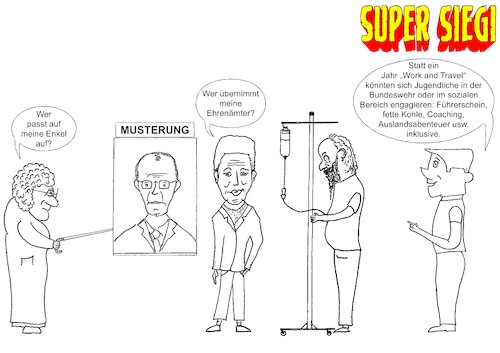 Cartoon: Soziales Jahr für Rentner (medium) by Tatort Memmingen tagged soziales,jahr,pflichtjahr,für,rentner,musterung,enkel,ehrenamt,jugendliche,führerschein,bundeswehr,zivildienst,work,and,travel,verantwortung,pflichtbewusstsein,sozial,altenpflege,pflegeheim,betreuung,kinderbetreuung,kinder,junge,männer,zwangsmusterung,volljährig,tauglich,tauglichkeit,invalide,engagieren,reise,verreisen,klinik,krankenhaus,altenheim,abenteuer,auslandseinsatz,persönlichkeitsentwicklung,oma,opa,strack,zimmermann,merz,friedrich,gesellschaft,bufdi,pflege,bundeskanzler,verteidigung,engagement,bundesfreiwilligendienst,freiwillig,pflicht,einziehen,frondienst,coaching,bund,achtzehn,jahre