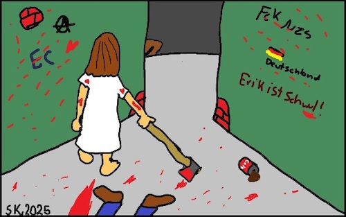 Cartoon: Psycho-Mädchen 5 (medium) by Kritzelhonk tagged mädchen,frau,psycho,mord,blut,splatter,gasse,axt,schleifen,ziehen,gewalt,nacht,angriff,attacke,totschlag,beil