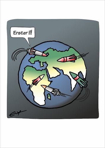 Cartoon: Erster! (medium) by Bernd Eisert tagged welt,politik,krieg,rakete,erstschlag,zerstörung,angriff,bedrohung,welt,politik,krieg,rakete,erstschlag,zerstörung,angriff,bedrohung