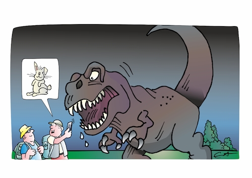 Cartoon: Falsche App (medium) by Bernd Eisert tagged wanderer,dinosaurier,angriff,handy,app,kaninchen,falschmeldung,wanderer,dinosaurier,angriff,handy,app,kaninchen,falschmeldung