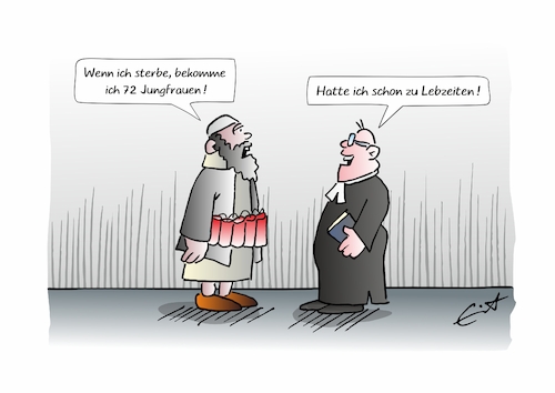Cartoon: Glaubenssache (medium) by Bernd Eisert tagged selbstmord,attentäter,pfarrer,jungfrauen,ziel,wunsch,selbstmord,attentäter,pfarrer,jungfrauen,ziel,wunsch