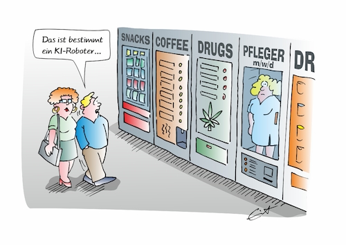 Cartoon: KI Pfleger (medium) by Bernd Eisert tagged automat,paar,pfleger,angebot,ki,roboter,automat,paar,pfleger,angebot,ki,roboter