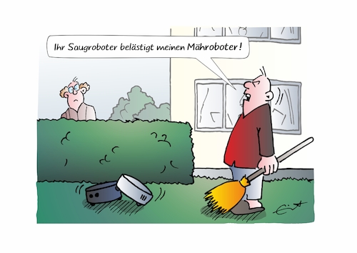 Cartoon: Roboterliebe (medium) by Bernd Eisert tagged garten,roboter,helfer,rasen,liebe,belästigung,nachbar,garten,roboter,helfer,rasen,liebe,belästigung,nachbar
