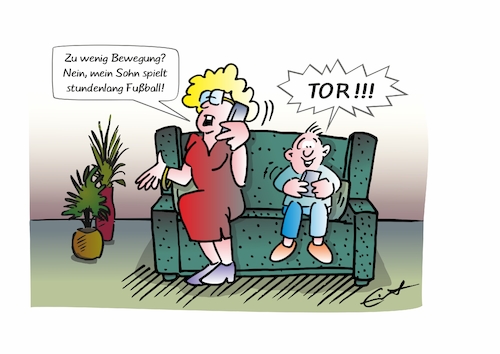 Cartoon: SofaSport (medium) by Bernd Eisert tagged sofa,mutter,kind,handy,spiel,fußball,bewegung,tor,sofa,mutter,kind,handy,spiel,fußball,bewegung,tor