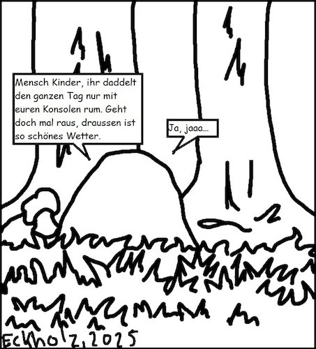 Cartoon: Jajaaa... (medium) by Kritzelspacko78 tagged jajaaa,jugend,konsolenspiele,daddeln,gesellschaft,ameisen,ameisenhügel,gleichgültigkeit,wald,erziehung