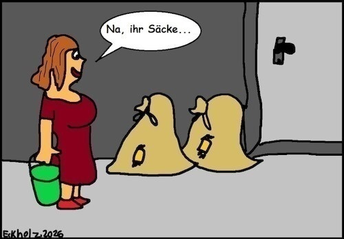 Cartoon: Na ihr Säcke... (medium) by Kritzelspacko78 tagged frau,säcke,sprache,tiefgang