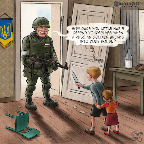 Cartoon: An uninvited guest (medium) by Cyberwolf tagged russian,agression,soldier,putin,war,criminal,looter,ukraine,children