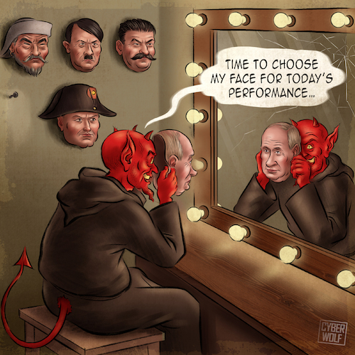 Cartoon: Another face - same agenda (medium) by Cyberwolf tagged dictators,stalin,hitler,putin,devil,napoleon