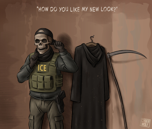 Cartoon: Same Job - New Look (medium) by Cyberwolf tagged federal,agents,minneapolis,immigration,policy,human,rights,state,violence,civilian,murdered,grim,reaper,ice