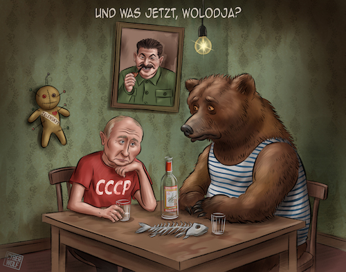 Cartoon: What now Volodya? (medium) by Cyberwolf tagged putin,stalin,russia,ussr,war,ukraine,bear,zelenskyy,dictator,russland,putin,stalin,russia,ussr,war,ukraine,bear,zelenskyy,dictator,russland