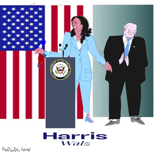 Cartoon: Kamala Harris and Tim Walz (medium) by gungor tagged democrat,vp,nominee,for,us,election,2024,democrat,vp,nominee,for,us,election,2024