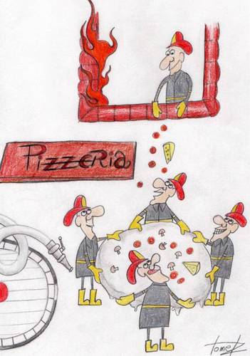 Cartoon: pizza firemen (medium) by Tomek tagged pizzapitch