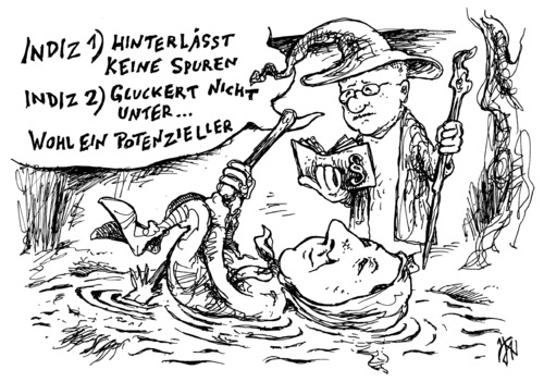 Cartoon: am geweihten Weiher (medium) by JP tagged kachelmann,prozess,urteil,indiz,urteilverkündung,dubio,justiz,vergewaltigung,freispruch