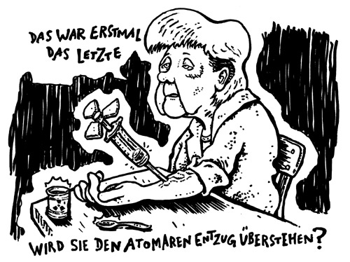 Cartoon: atomarer Entzug (medium) by JP tagged moratorium,atom,akw,restlaufzeit,merkel,cdu