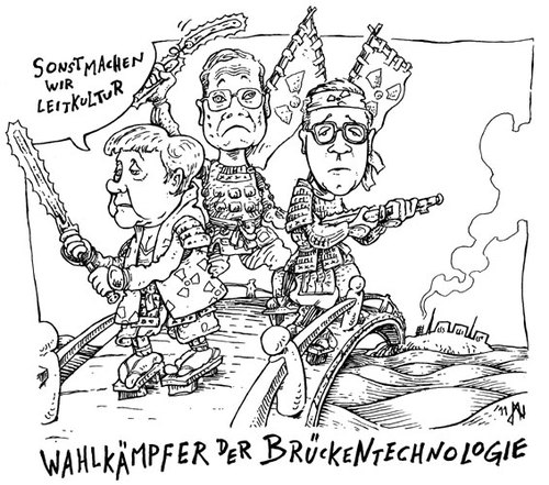 Cartoon: Brueckenkaempfer (medium) by JP tagged atom,merkel,cdu,westerwelle,röttgen,akw,fdp,fukushima
