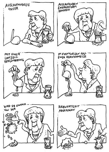 Cartoon: lauf-aus-zeit (medium) by JP tagged kernschmelze,akw,atomkraft,merkel,cdu,restlaufzeit,auslaufmodell
