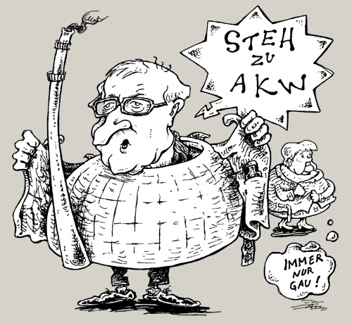 Cartoon: steh zu akw (medium) by JP tagged merkel,fdp,akw,moratorium,brüderle