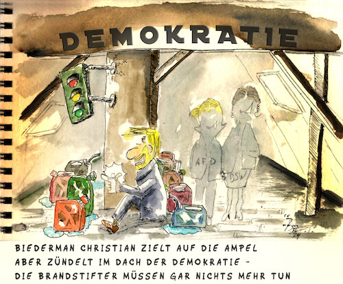 Cartoon: Biedermann Lindner (medium) by Lupe tagged lindner,fdp,afd,bsw,konservative,brüning,brandstifter,biedermann,max,frisch,weidel,wagenknecht,dachboden,feuer,kanister,benzin,feuerzeug,christian,demokratie