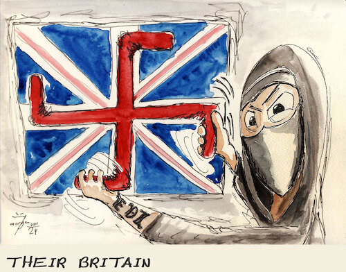 Cartoon: Hooligan Britain (medium) by Lupe tagged england,britain,krawalle,ausschreitungen,programm,antiislam,islam,messer,mord,kinder,moschee,hooligan