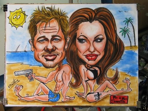 Cartoon: Angelina Jolie  Brad Pitt (medium) by DEMMAN tagged kos,celebrities,cartoon,emm,dimitris,caricature,pastel,pitt,brad,jolie,angelina,comics