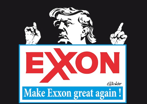 Cartoon: Exxon Trump (medium) by ESchröder tagged donald,trump,usa,präsident,fake,news,whit,house,pressestatement,pressemitteilung,des,ölkonzerns,plagiat,whitw,sponsored,by,exxon,mobil