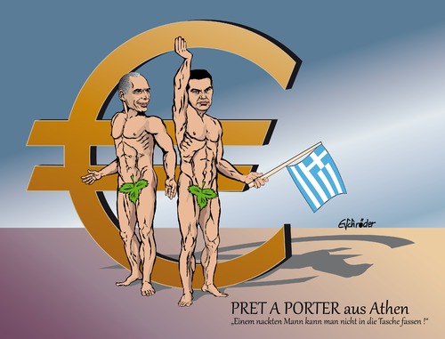 Cartoon: PRET a PORTER (medium) by ESchröder tagged griechenland,finanzminister,vanoufakis,premier,tsipras,athen,euromiliarden,schulden,schnitt,staatsschulden,hilfsprogramm,euro,rettungsfonds,frühlingsmode