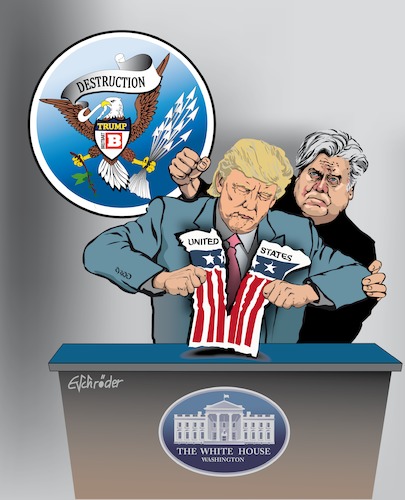 Cartoon: Trump Bannon (medium) by ESchröder tagged donald,trump,usa,president,wahlen,rassist,egoman,america,first,bannon,agenda,pressefeind