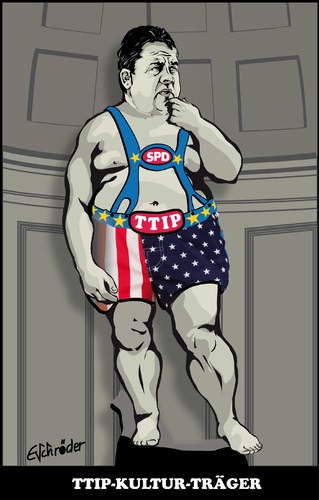 Cartoon: TTIP-Kulturträger (medium) by ESchröder tagged ttip,ceta,abkommen,sigmar,gabriel,freihandel,spd,welthandel,transatlantik,bundestagsvotum,arbeitsplätze