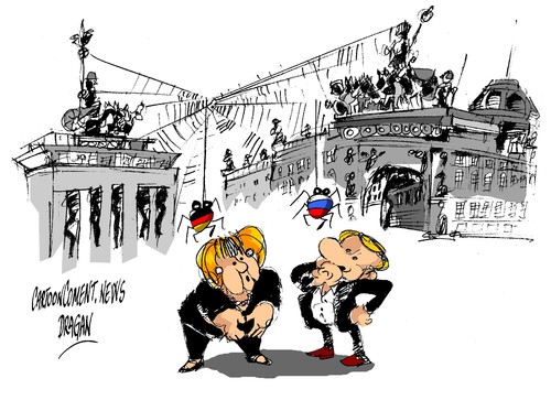 Cartoon: Angela Merkel-Vladimir Putin (medium) by Dragan tagged cartoon,politics,eremitage,petersburgo,san,rusia,alemania,putin,vladimir,merkel,angela