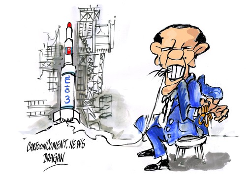 Cartoon: Barack Obama-lanzadora (medium) by Dragan tagged corea,del,norte,barack,obama,eeuu,misil,largo,alcance,cohete,satelite,politics,cartoon