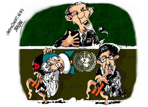 Cartoon: Barack Obama ONU Iran (medium) by Dragan tagged barack,obama,onu,iran,programa,nuclear,teheran,politics,cartoon