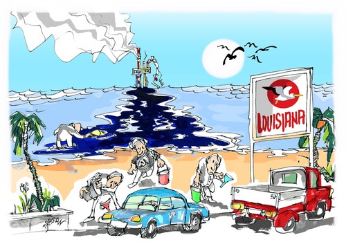 Cartoon: Louisiana (medium) by Dragan tagged lousiana,golfo,de,mexico,plataforma,petrolera,florida,alabama,deepwater,horizon,naturaleza,cartoon
