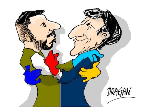 Cartoon: Macron-Zelenski-Si quiero (medium) by Dragan tagged volodimir,zelenski,emanuel,macron,ukraina,francia