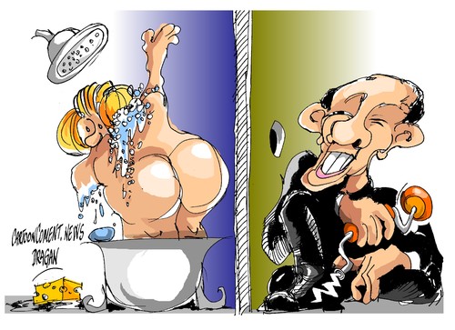 Cartoon: Merkel-Obama-NSA miradas (medium) by Dragan tagged angela,merkel,barack,obama,alemania,estados,unidos,eeuu,nsa,espiunaje,politics,cartoon