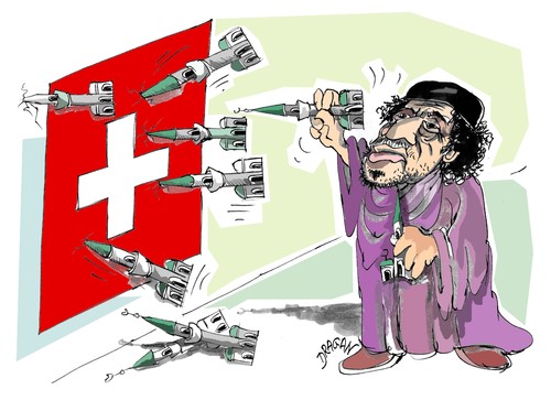 Cartoon: Muamar Gadafi (medium) by Dragan tagged muamar,gadafi,suiza,guerra,santa,yihad,politics,cartoon