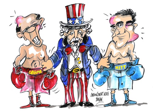 Cartoon: Obama-Mitt-esperando datos (medium) by Dragan tagged barack,obama,mitt,romney,eeuu,elecsiones,democratas,republicanos,politics,cartoon