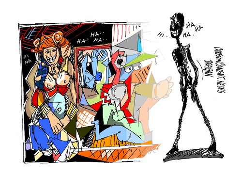Cartoon: Picasso-Giacometti-puja (medium) by Dragan tagged pablo,picasso,alberto,giacometti,casa,de,subastas,londinense,christies,en,nueva,york,cartoon