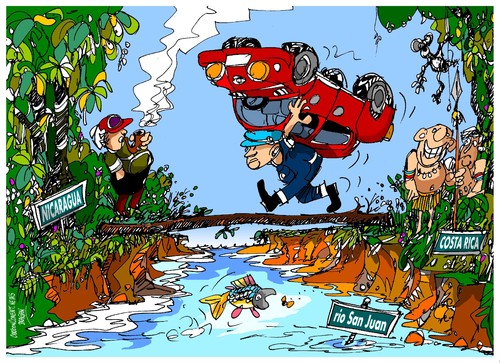 Cartoon: rio San Juan (medium) by Dragan tagged rio,san,juan,la,corte,internacional,de,justicia,haya,costa,rica,nicaragua,politics,cartoon