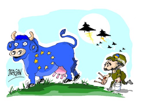 Cartoon: Volodimir Zelenski-suministro (medium) by Dragan tagged volodimir,zelenski,ukrania,ue,otan
