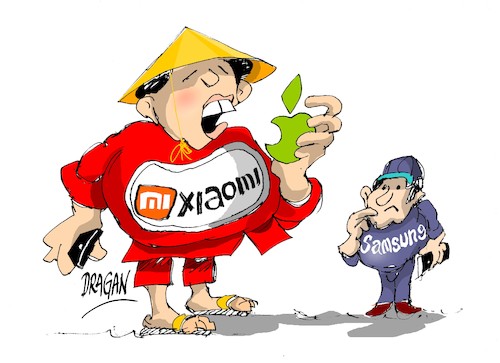 Cartoon: Xiaomi-Apple (medium) by Dragan tagged xiaomi,apple,samsung,telefonia
