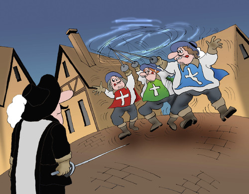 Cartoon: Three Musketeer vs Black Muskete (medium) by berk-olgun tagged three,musketeer,vs,black