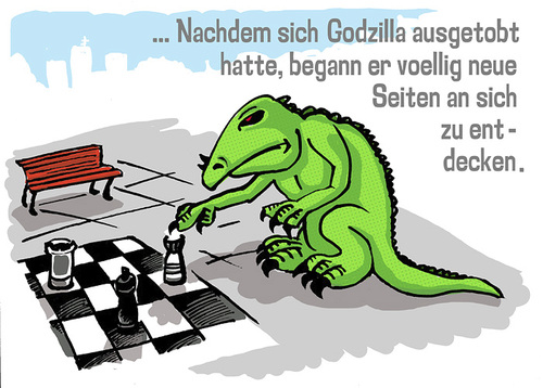 Cartoon: godzillas new page (medium) by jenapaul tagged godzilla,monsters,movies,humor,satire,chess