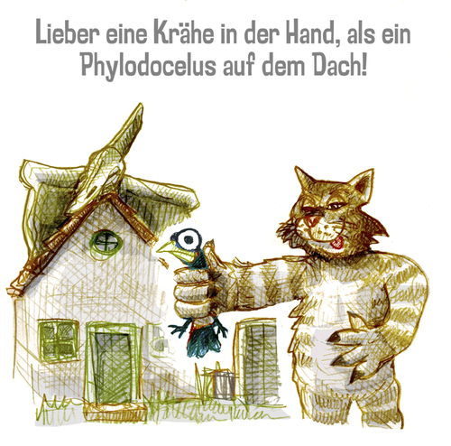 Cartoon: Lieber eine Krähe in der Hand.. (medium) by jenapaul tagged humor,satire,katze,sprichwörter,dinosaurier