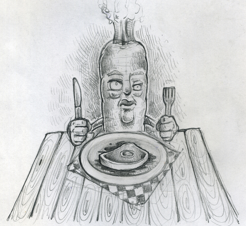 Cartoon: Möhre ist Fleisch... (medium) by derMattes tagged gemüse,möhre,fleisch,steak,meat,karrot,carrot,meal,food,plate,teller,fork,knife,messer,gabel,tischdecke